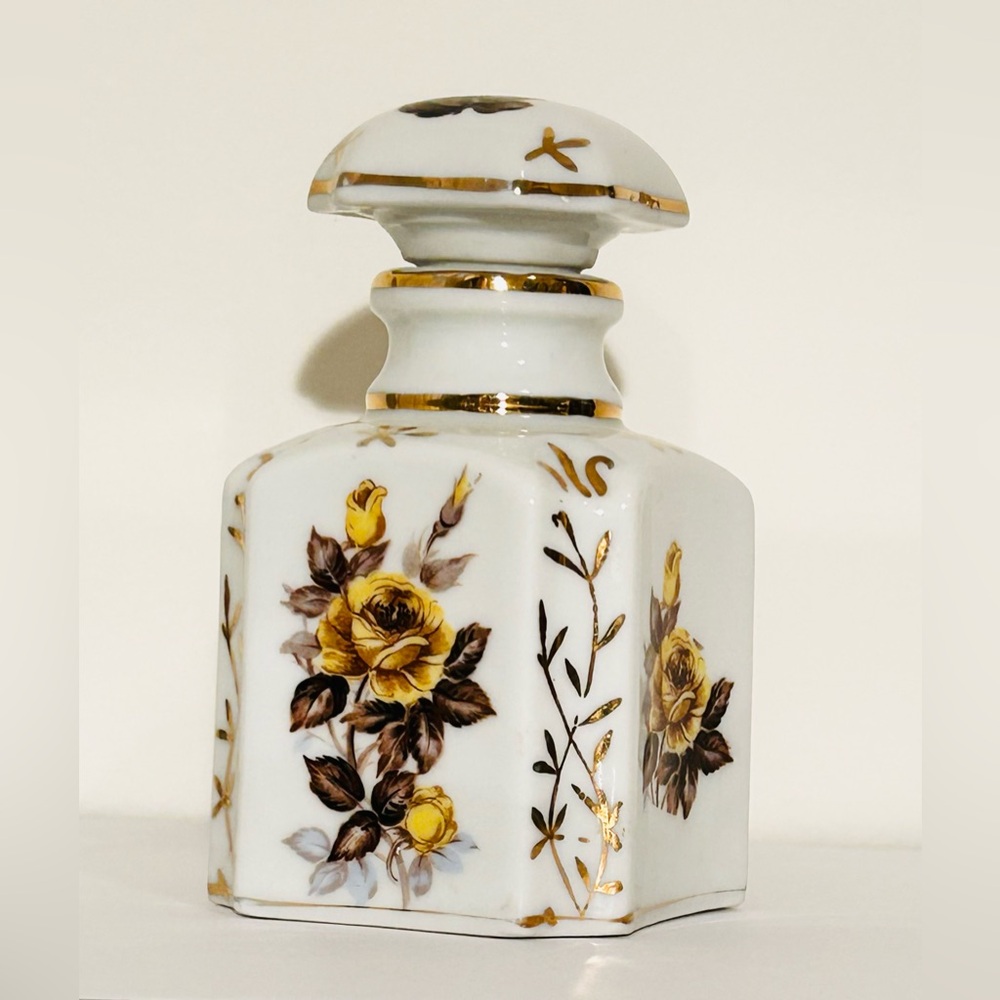 Antique Porcelain Perfume Bottle w/ Yellow Roses and Gold Details, Unused!